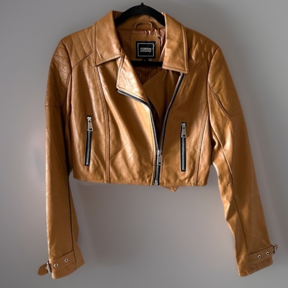 Foreign Exchange Camel Cropped Moto Jacket
